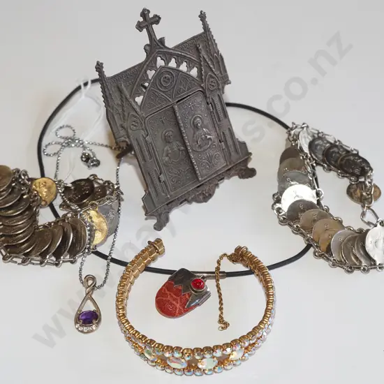 box; costume jewellery & small religious trinket