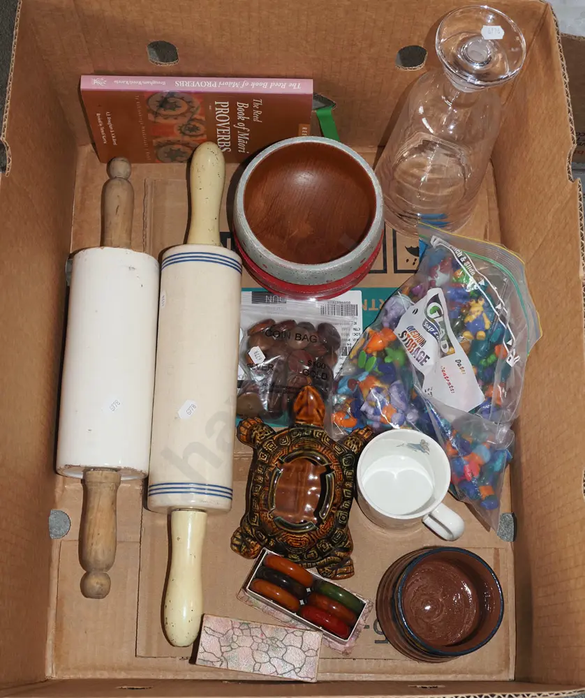 box; tortoise ashtray, vintage rolling pins, decanter etc Image 1++