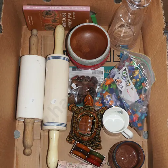 box; tortoise ashtray, vintage rolling pins, decanter etc