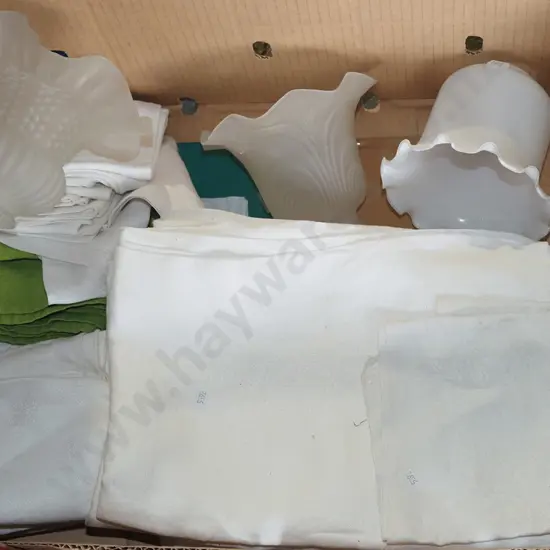 box; vintage table glass & small white glass lampshades