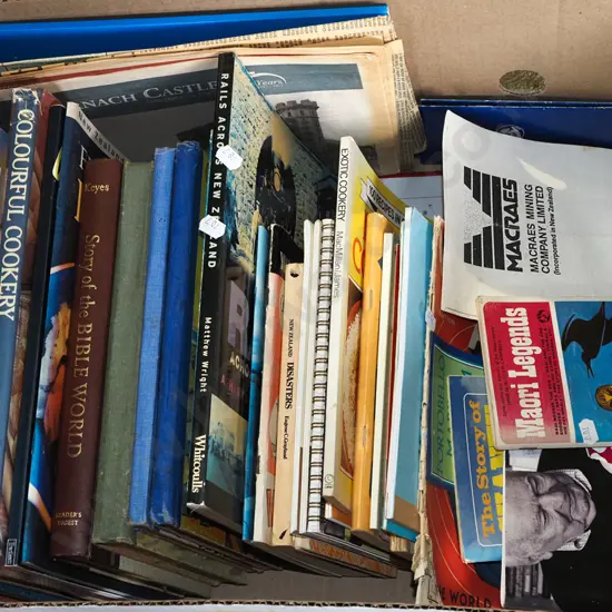 box; assorted books & publications