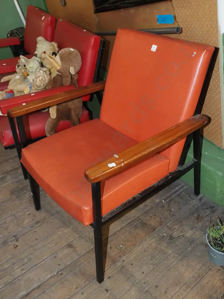 orange upholstered metal and wood reception chair - wear to vinyl Image 1++