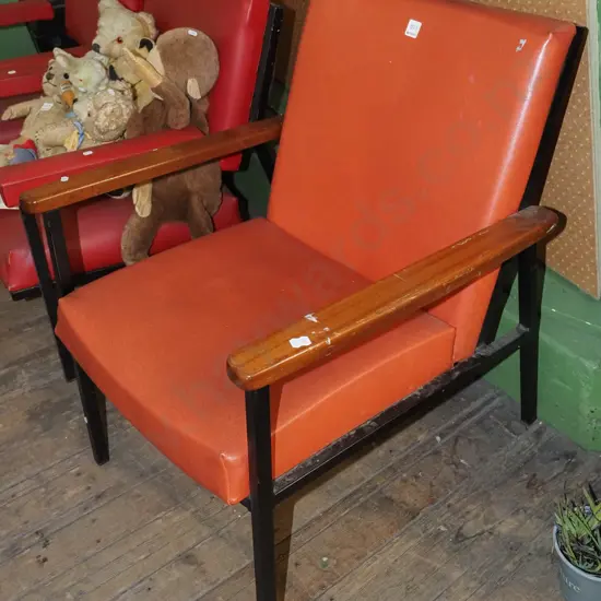 orange upholstered metal and wood reception chair - wear to vinyl