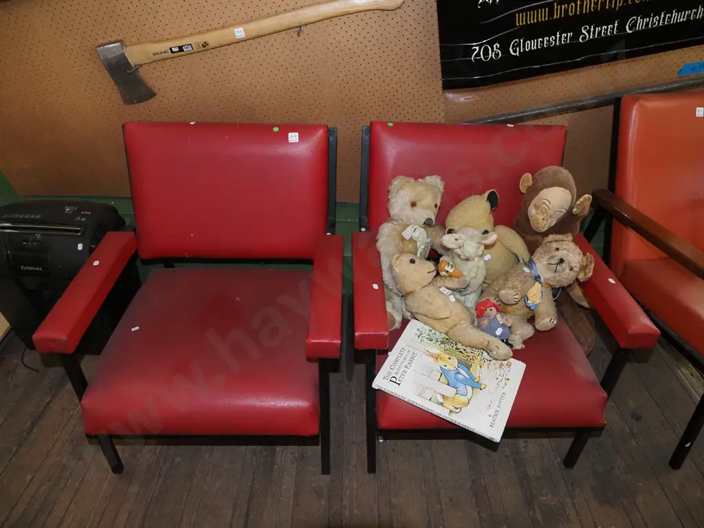 pair of metal and red vinyl chairs - wear to vinyl - green dots Image 1++