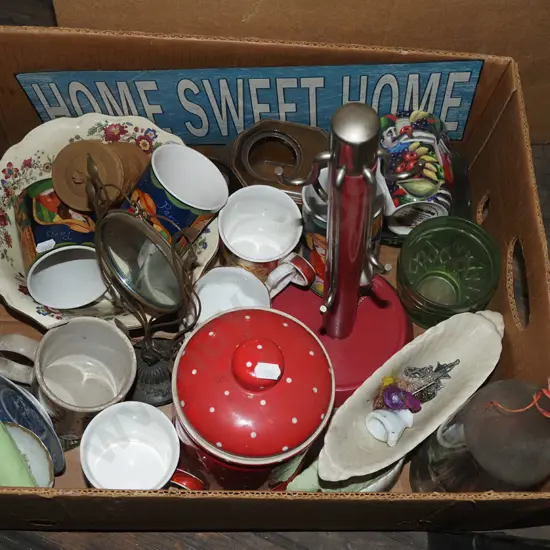 box; coffee cups, vases, bowls, canisters etc