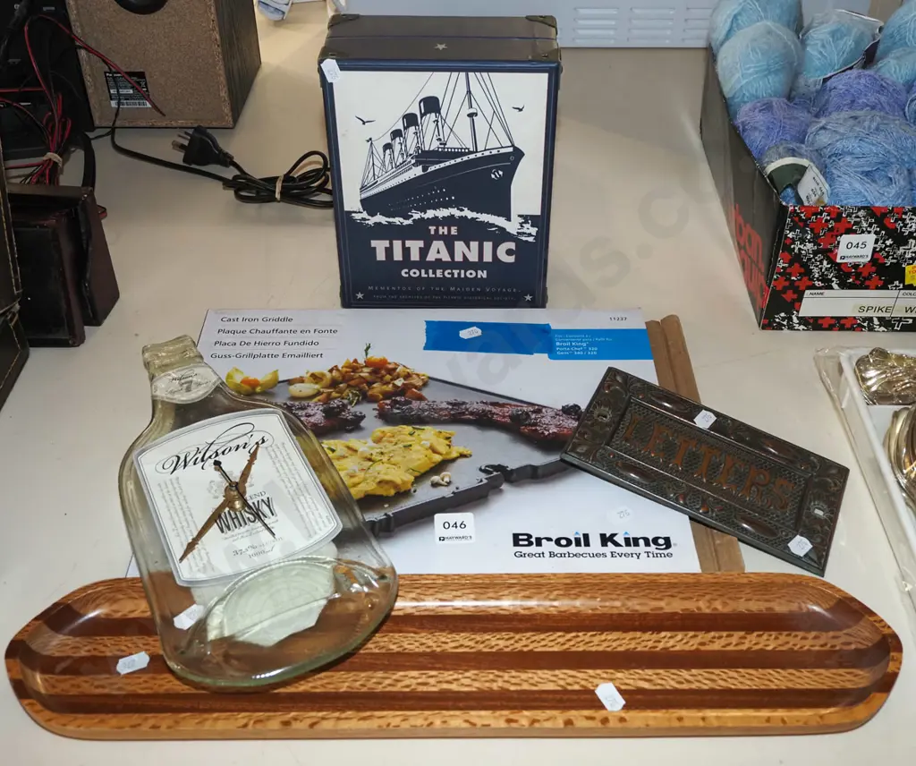 mixed timbers tray, cast iron griddle, Titanic collector box, etc. Image 1++