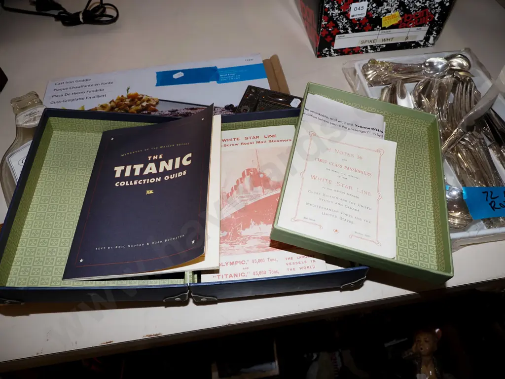 mixed timbers tray, cast iron griddle, Titanic collector box, etc. Image 1++