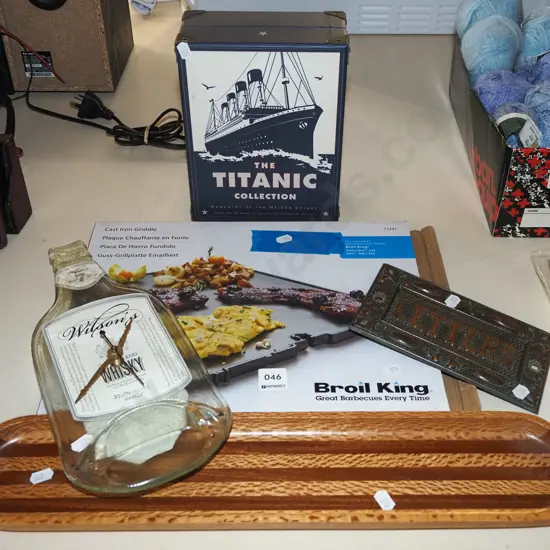 mixed timbers tray, cast iron griddle, Titanic collector box, etc.