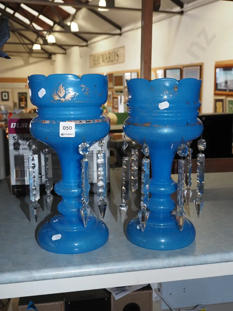 pair of teal glass vases - some wear to decoration, missing1  lustre H310 Image 1++
