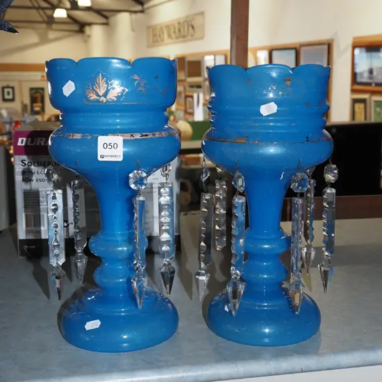 pair of teal glass vases - some wear to decoration, missing1  lustre H310