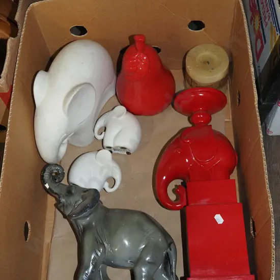 box; elephant candlestick, figurines, ceramic pear