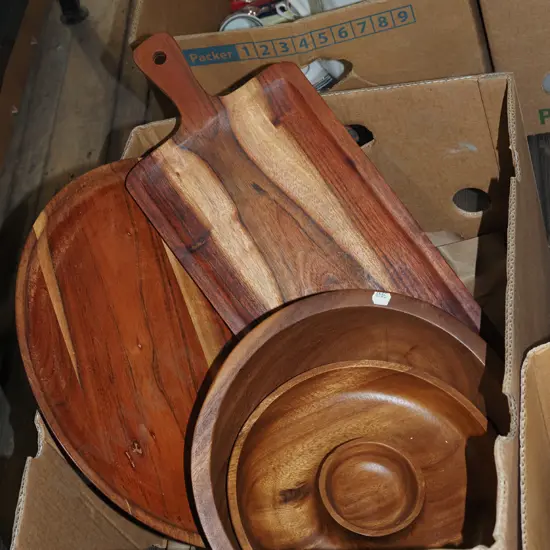 box; wooden bowls, trays