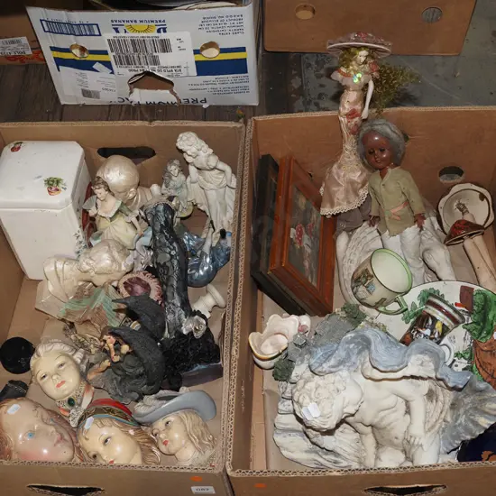 2x boxes; ornaments, bowls, dollstc