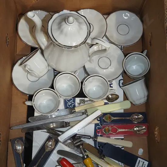 Polish white and silver coffee set, teaspoons etc