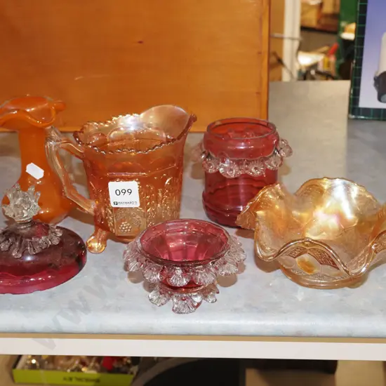 carnival glass bowls, jug, vase etc Jug H120