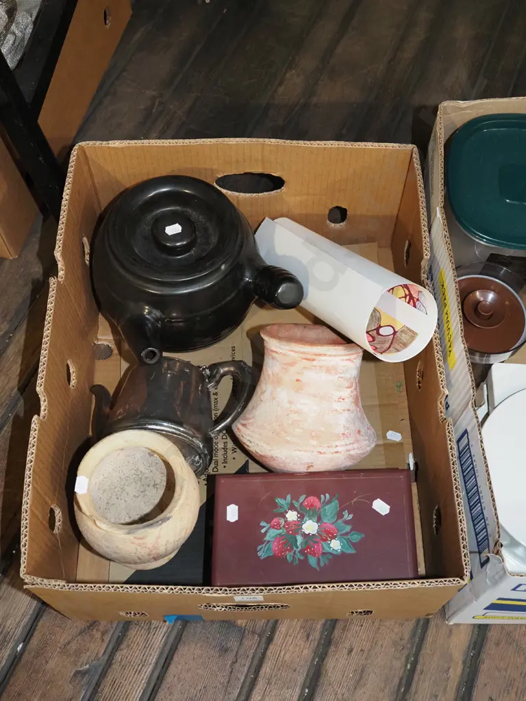 box; unframed print, plated teapot, double handled pot etc Image 1++