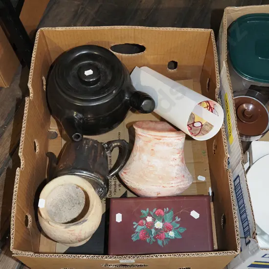 box; unframed print, plated teapot, double handled pot etc