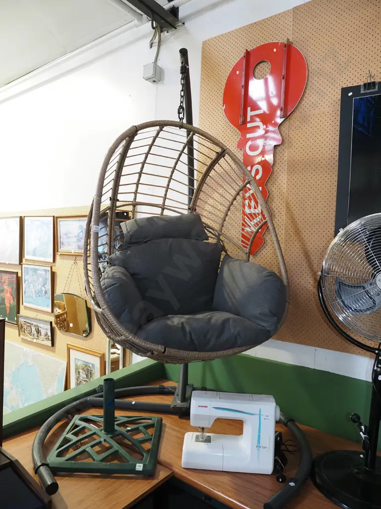 woven plastic cane hanging chair and stand Image 1++