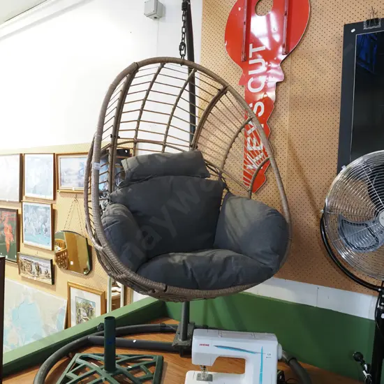 woven plastic cane hanging chair and stand