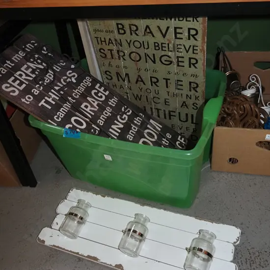 box; framed prints, prints on board, plate rack etc