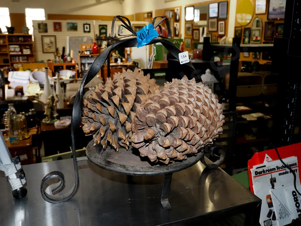wrought metal basket and 2 large pinecones Image 1++