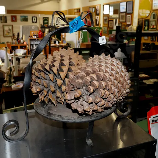 wrought metal basket and 2 large pinecones