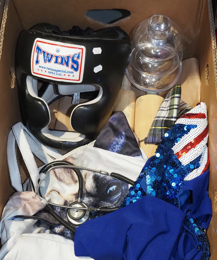 box; NZ sequin dress, stethoscope, boxing head gear etc Image 1++