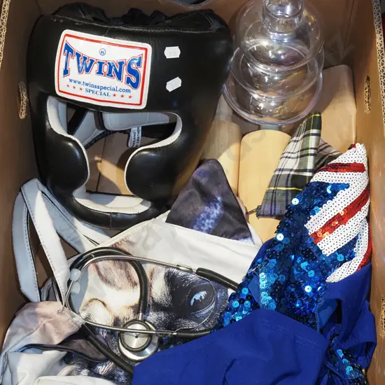 box; NZ sequin dress, stethoscope, boxing head gear etc