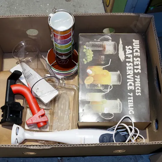 box; stick blender, serving tray, knife sharpeners etc
