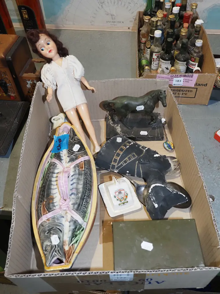 box; cast metal horse figurine, doll, salad servers etc Image 1++
