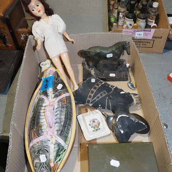 box; cast metal horse figurine, doll, salad servers etc