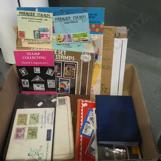 box; first day covers, stamps, stamp albums