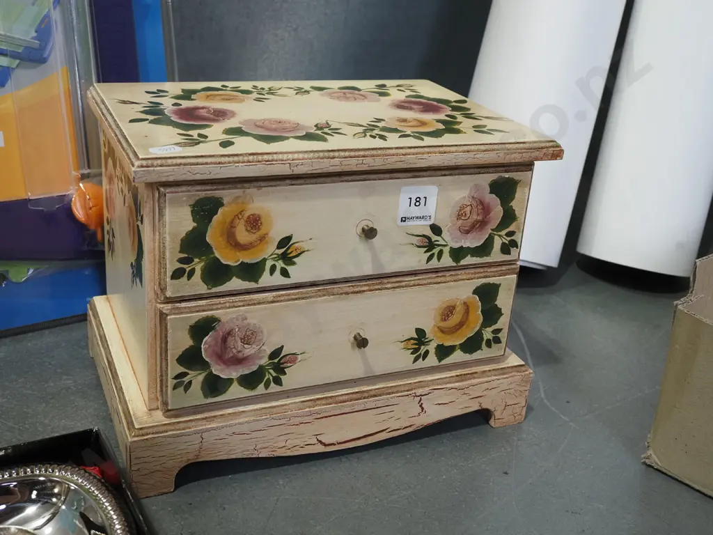 small 2 drawer hand painted jewellery chest - handles need attention H210 Image 1++