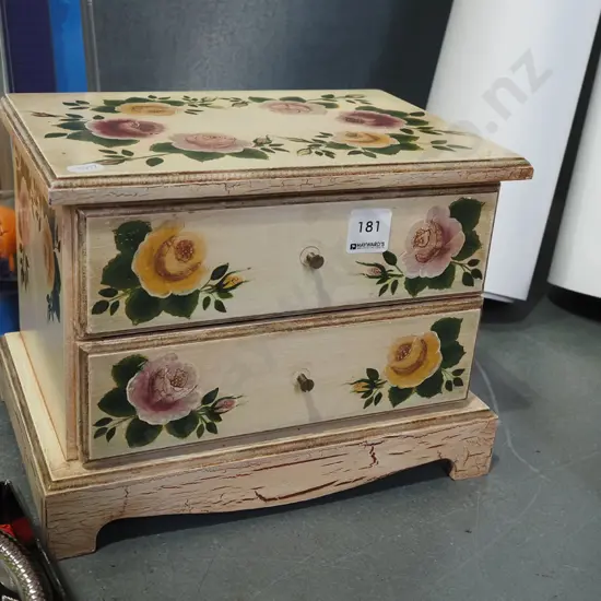 small 2 drawer hand painted jewellery chest - handles need attention H210