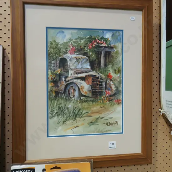 framed watercolour - old truck and flowers