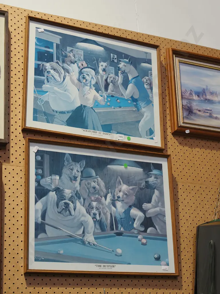 2x framed prints - dogs playing pool - green dots Image 1++