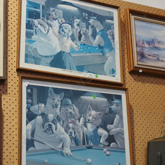 2x framed prints - dogs playing pool - green dots