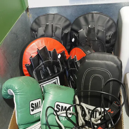 box; skipping ropes, boxing gloves, pads