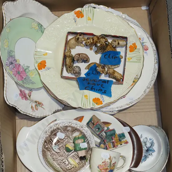 box; plates, bowls, wade whimsies - some chips