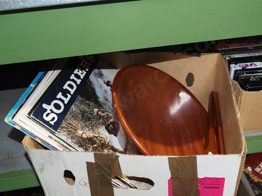 turned wooden bowl, salad servers, NZ Army van LPs Image 1++