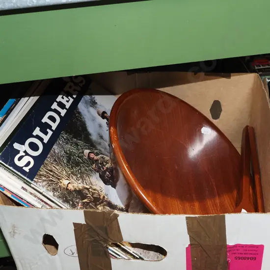 turned wooden bowl, salad servers, NZ Army van LPs