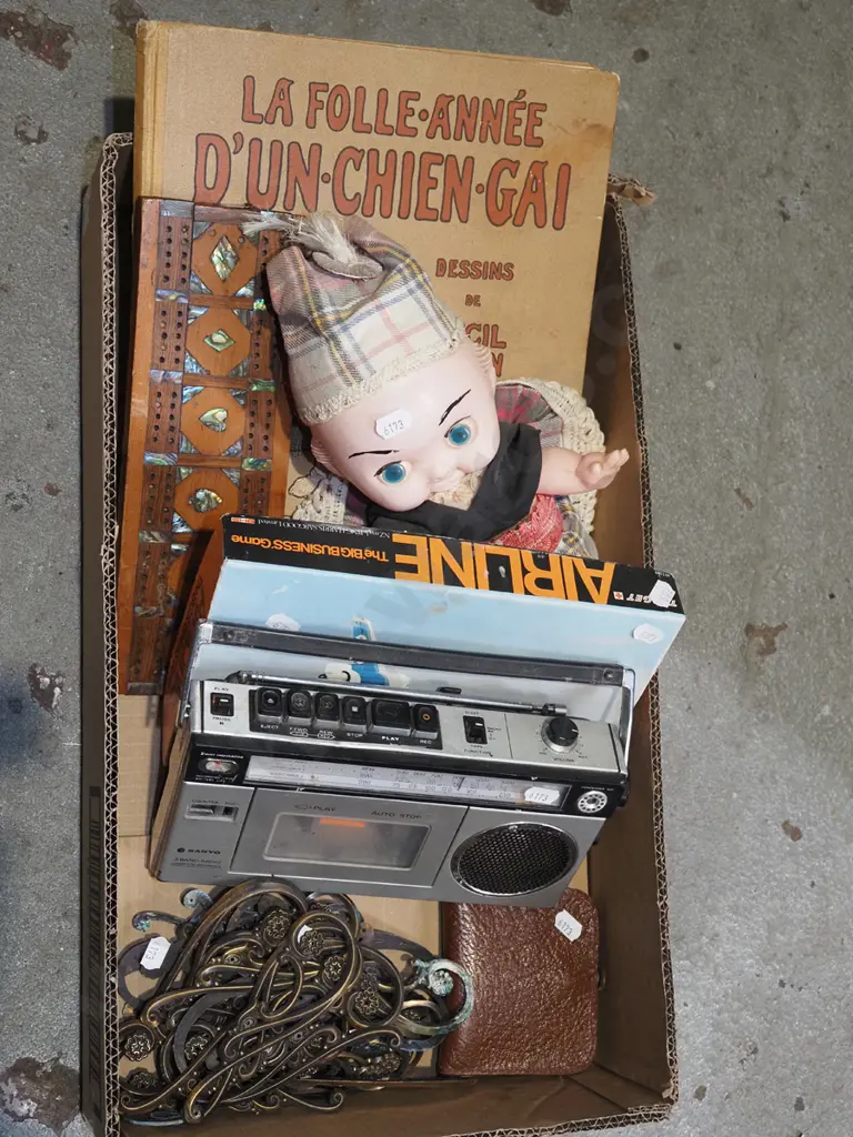 box; doll, books, cribbage scorer, cassette player - as is no returns etc Image 1++