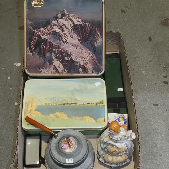 box; tins, musical powder compact, figurine etc