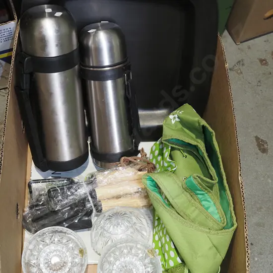 box; thermoses, serving platter, gardening bag etc