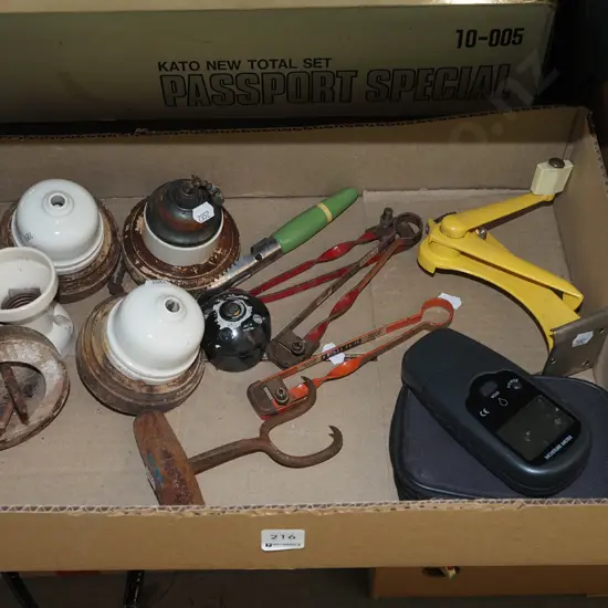 box; vintage light switch, moisture meter, can openers etc