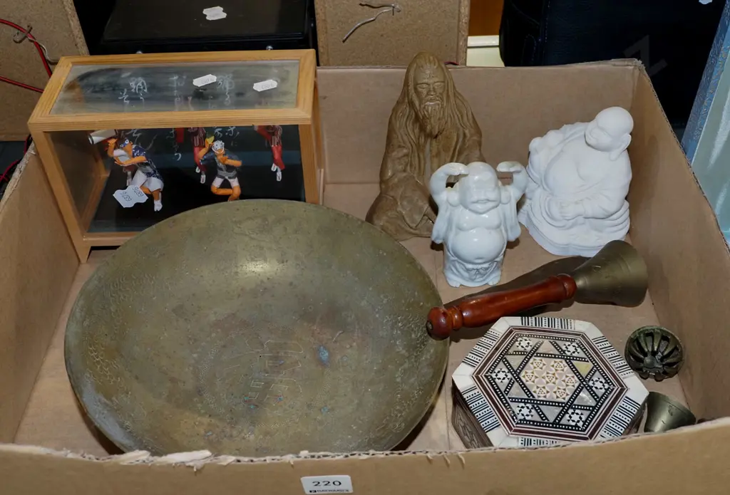 box; brass bowl, wooden figurines, wood and glass box etc Image 1++