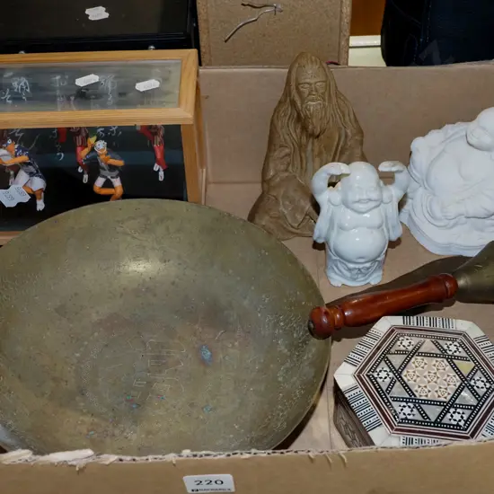 box; brass bowl, wooden figurines, wood and glass box etc