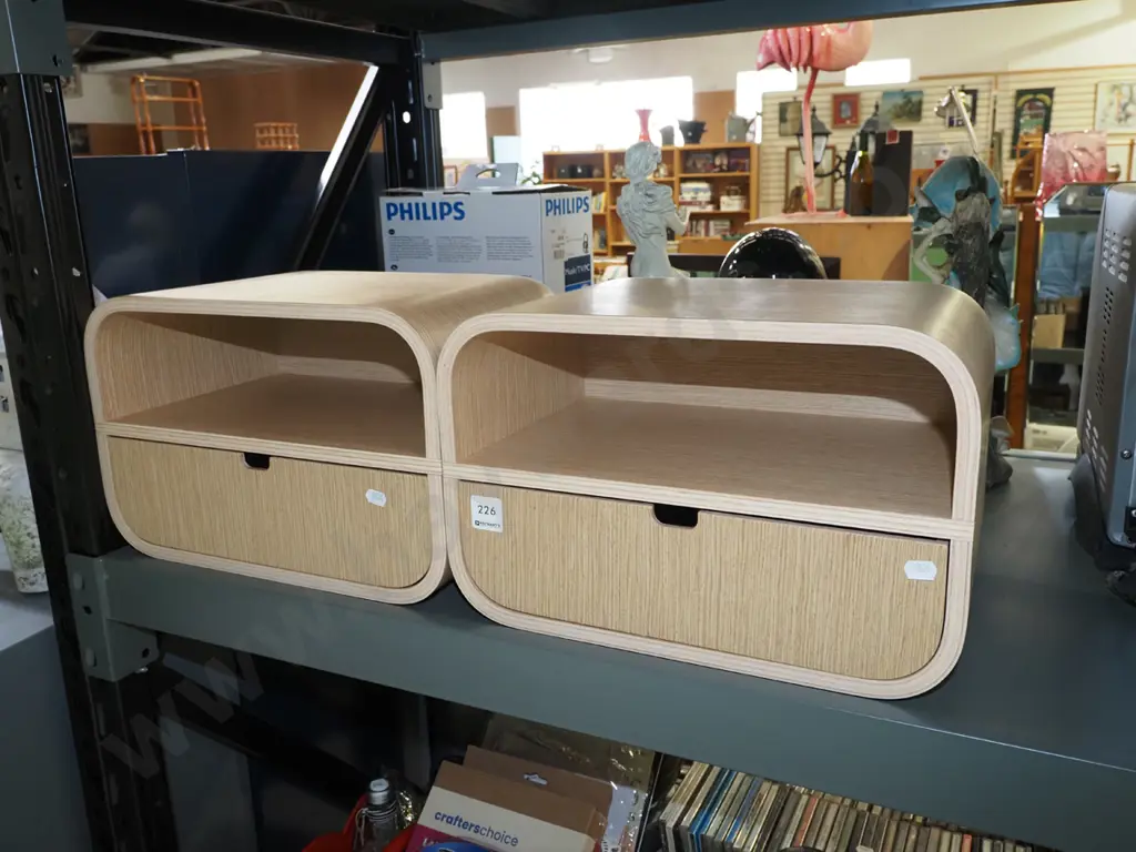 pair of plywood wall-mount bedside shelves with drawer H230 W350 D230 Image 1++