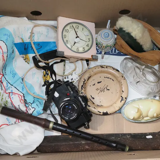 box; Minolta 35mm camera, chanter, glass jelly mould etc