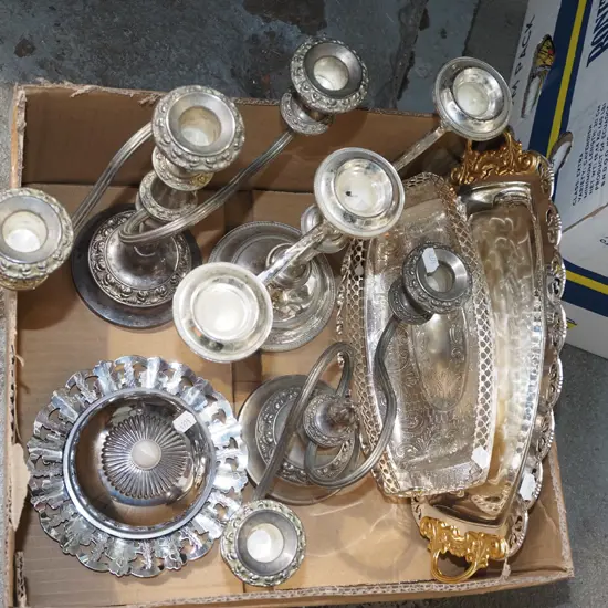 box; plated items; serving trays, candelabra
